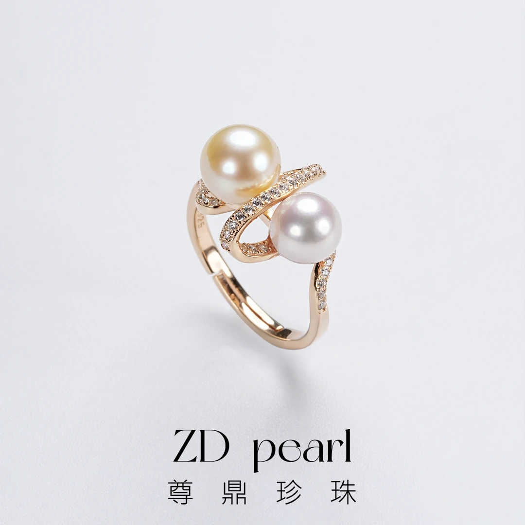 【ZD】尊鼎珍珠-S925银海水珍珠中国南珠白珠+羽皇金色戒指7-8.5mm