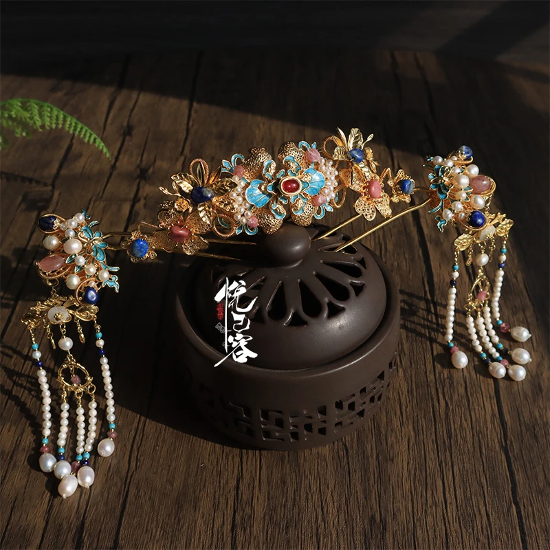 悦己容[金玉楼]复古风发冠花钿汉服富贵长流苏发簪古典烧蓝头饰