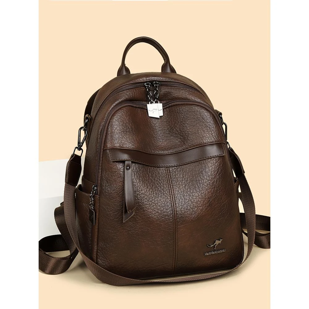 袋鼠双肩包女皮包2025新款时尚大容量女士轻便旅游包中年妈妈背包