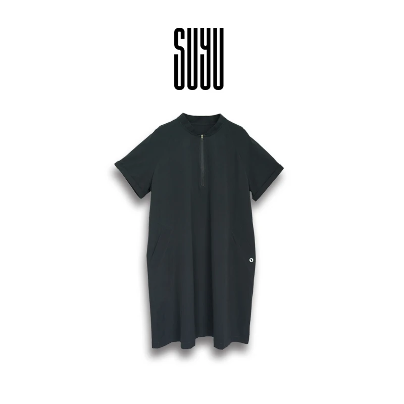 SUYU 【羽纱】休闲长裙夏季短袖连衣裙立领连衣裙设计师款