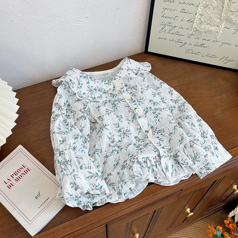 女童秋装新款时尚碎花衬衫纯棉花边翻领泡泡袖系扣娃娃衫长袖衬衣