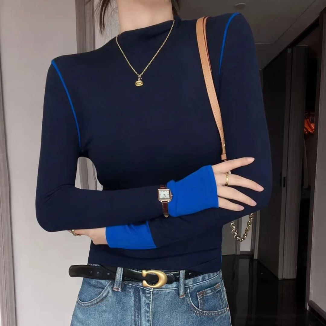 秋冬气质拼接设计撞色线条洋气百搭修身显瘦内搭加绒打底衫女长袖