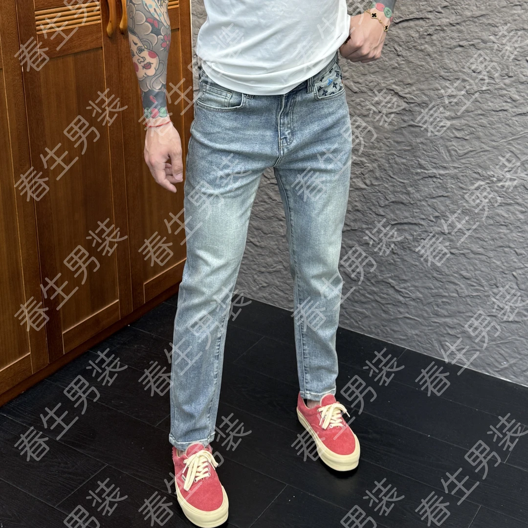 2025春季新款时尚休闲百搭刺绣净版商务男士高档白色牛仔裤5092