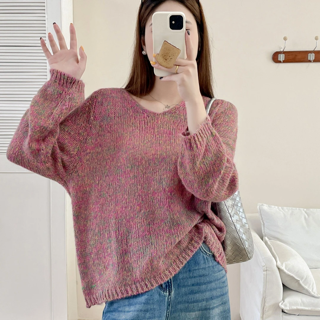 慵懒风V领长袖女2025秋季宽松显瘦休闲百搭毛衣针织设计感上衣