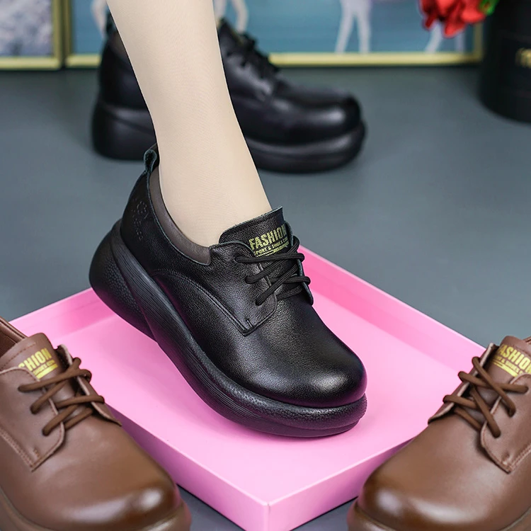 96822秋季新款真皮单鞋头层牛皮圆头松糕厚底休闲百搭系带妈妈鞋