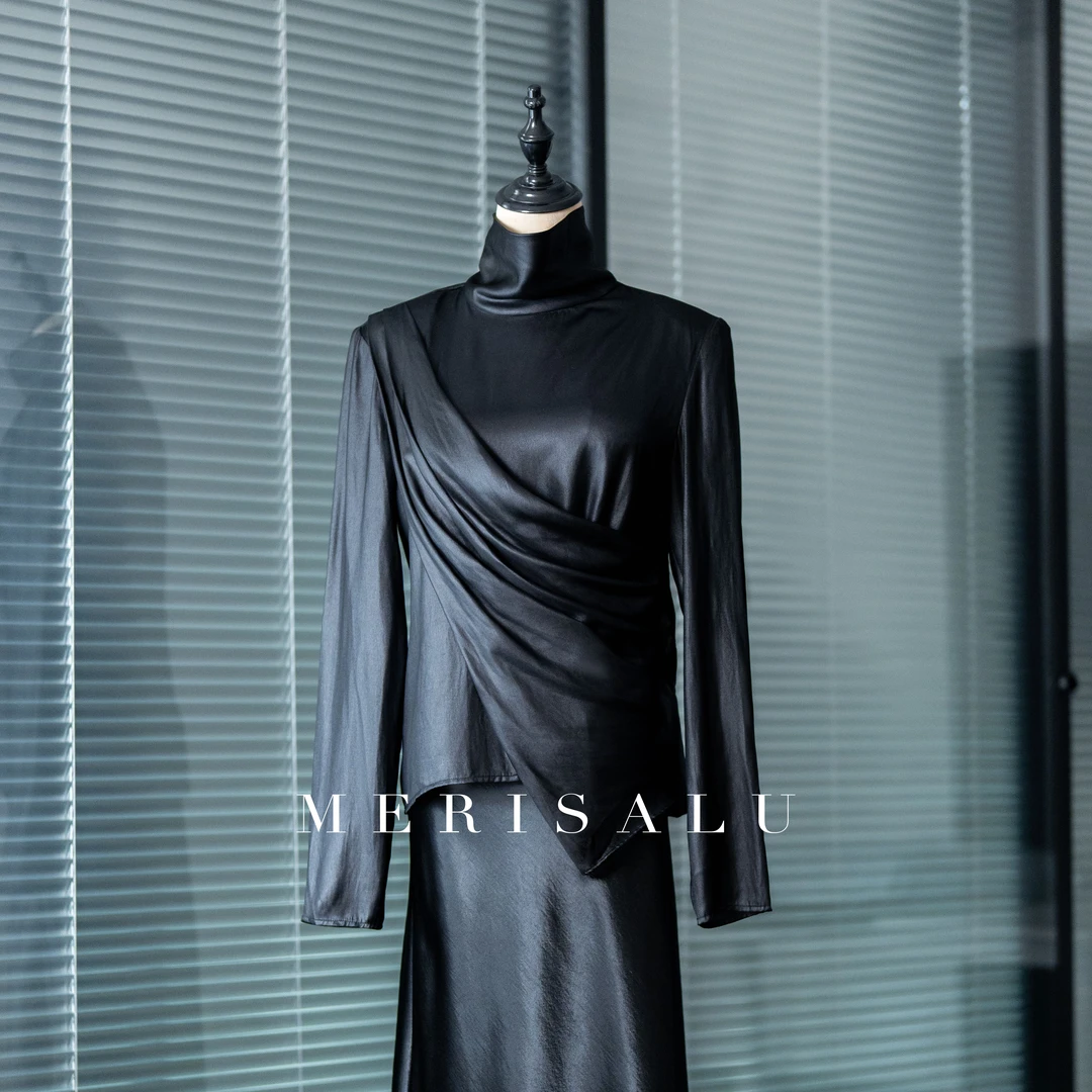 MERISALU【CHEN STUDIO】爵士乐队-长袖设计师黑色半高领轻奢风上衣