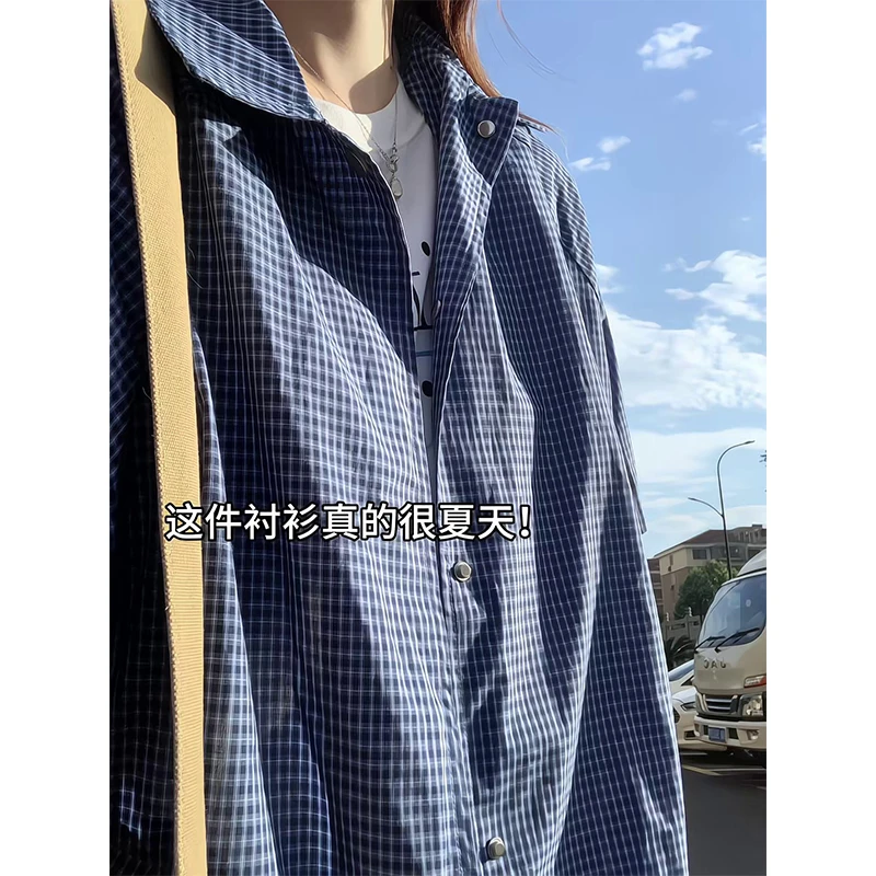 美式复古蓝色小格子短袖衬衫夏季薄款宽松纯棉透气小众设计感衬衣