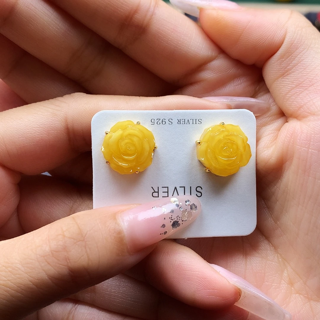 蜜蜡银S925镶嵌耳饰耳钉