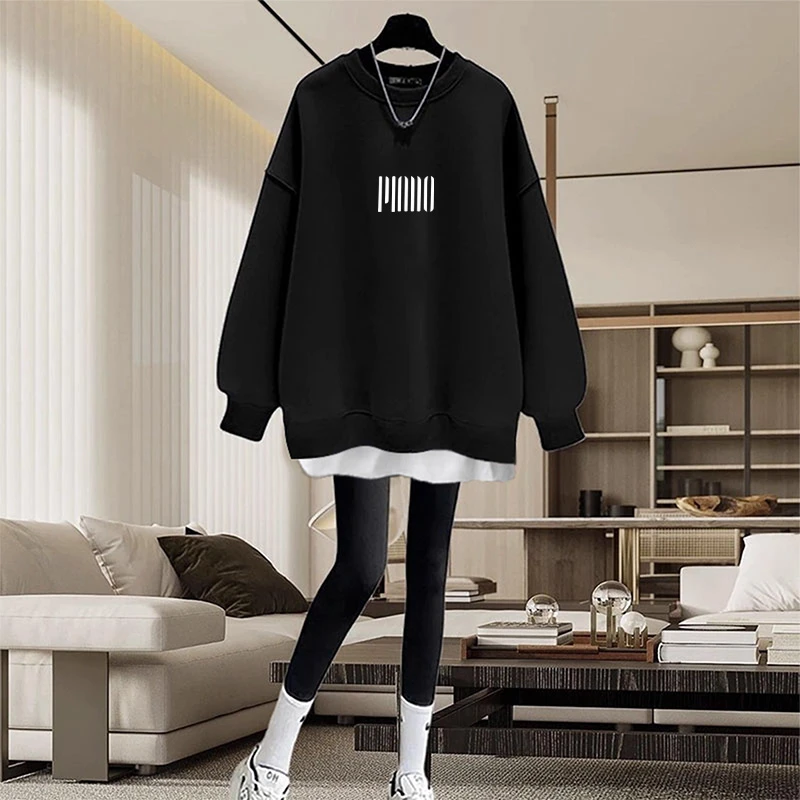 假两件圆领卫衣女2026秋冬新款中长款盖遮屁股加绒加厚拼接上衣