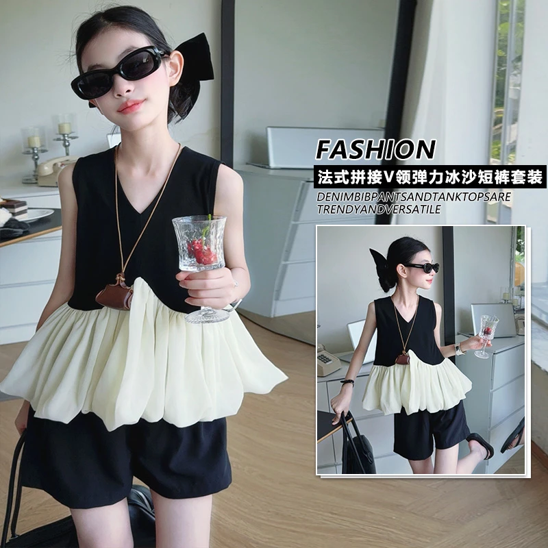 女童短袖套装夏装新款中大童韩版网红无袖娃娃衫休闲短裤两件套夏