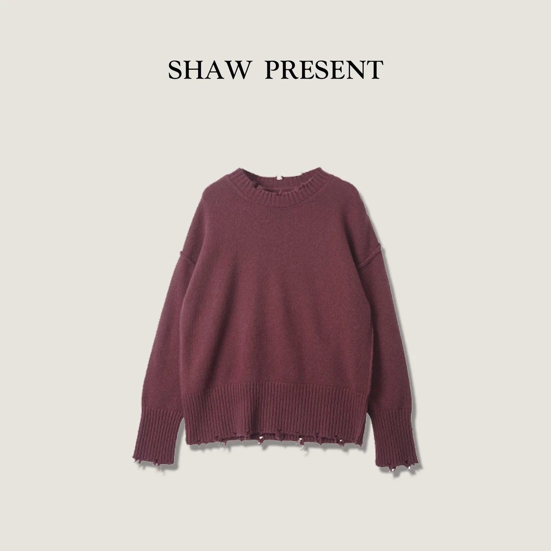 Amor 树莓 100%羊毛 破洞毛边圆领 羊毛针织毛衣ZC50055