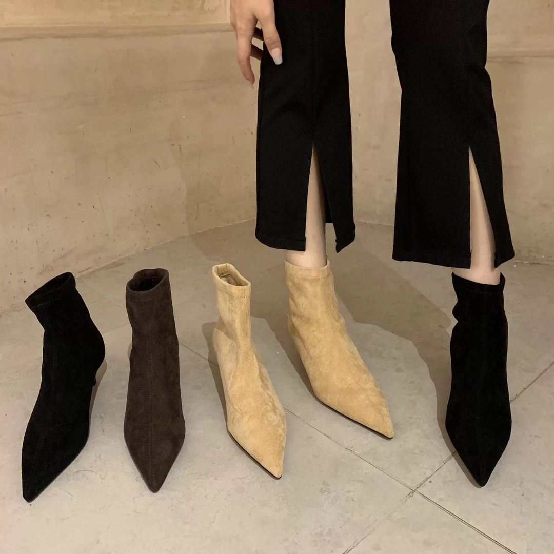 法式尖头短靴女2025秋季新款细高跟绒面瘦瘦裸靴网红弹力袜马丁靴