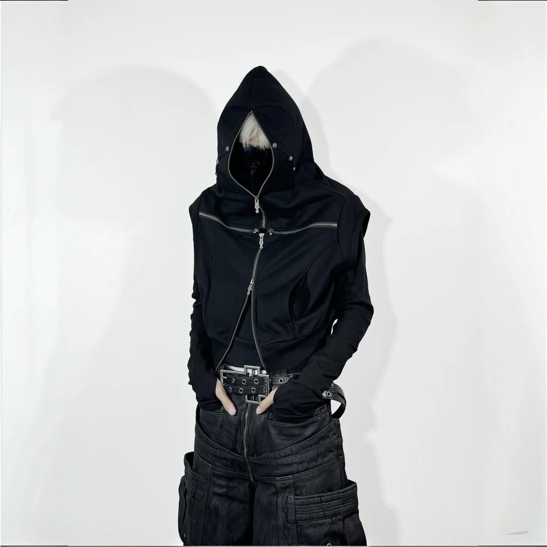 ATANOTHINGNESS25ss十字拉链暗黑先锋连帽无袖坎肩马甲饭王同款