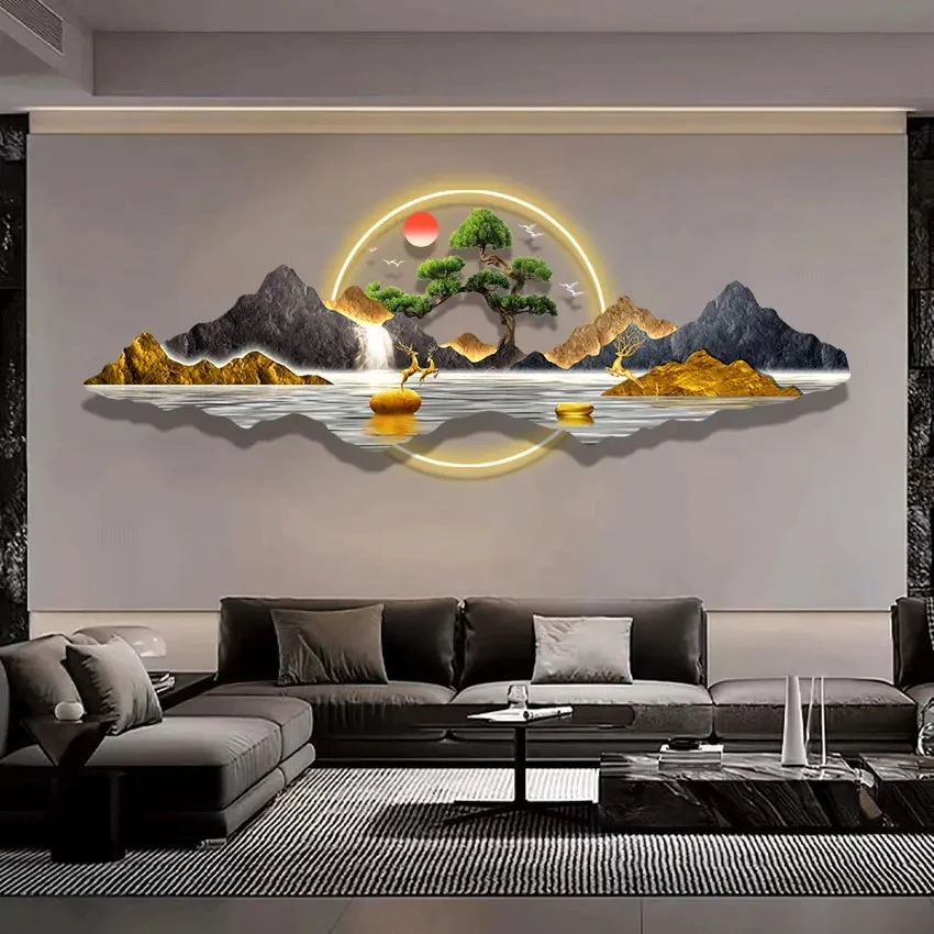 新中式日照金山轻奢挂画旭日东升沙发背景茶室高透亚克力装饰挂画
