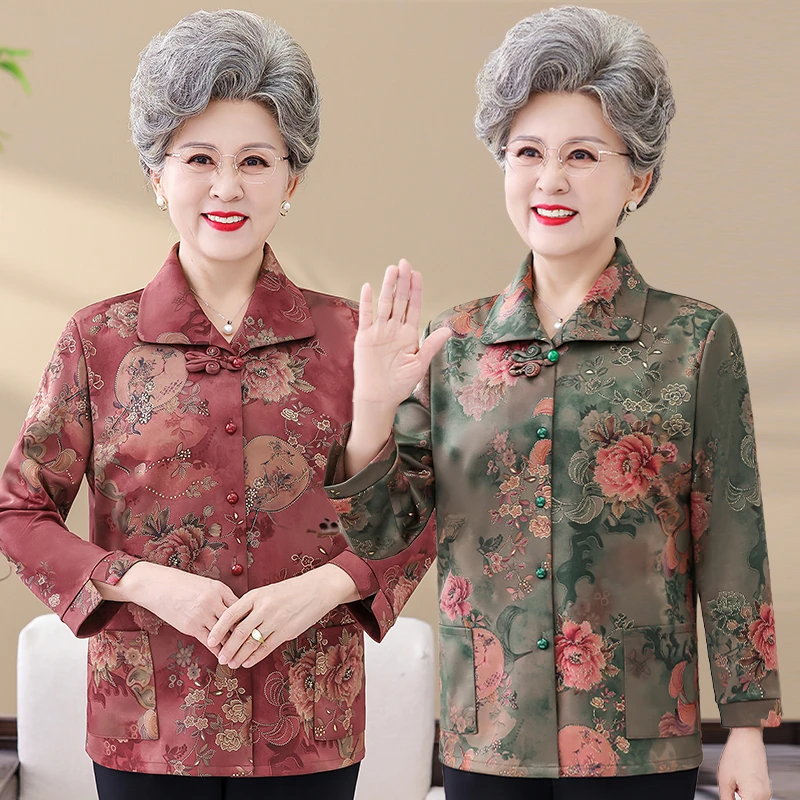奶奶装春秋装上衣女装妈妈翻领衬衣唐装衬衫老人太太衬老人衣服