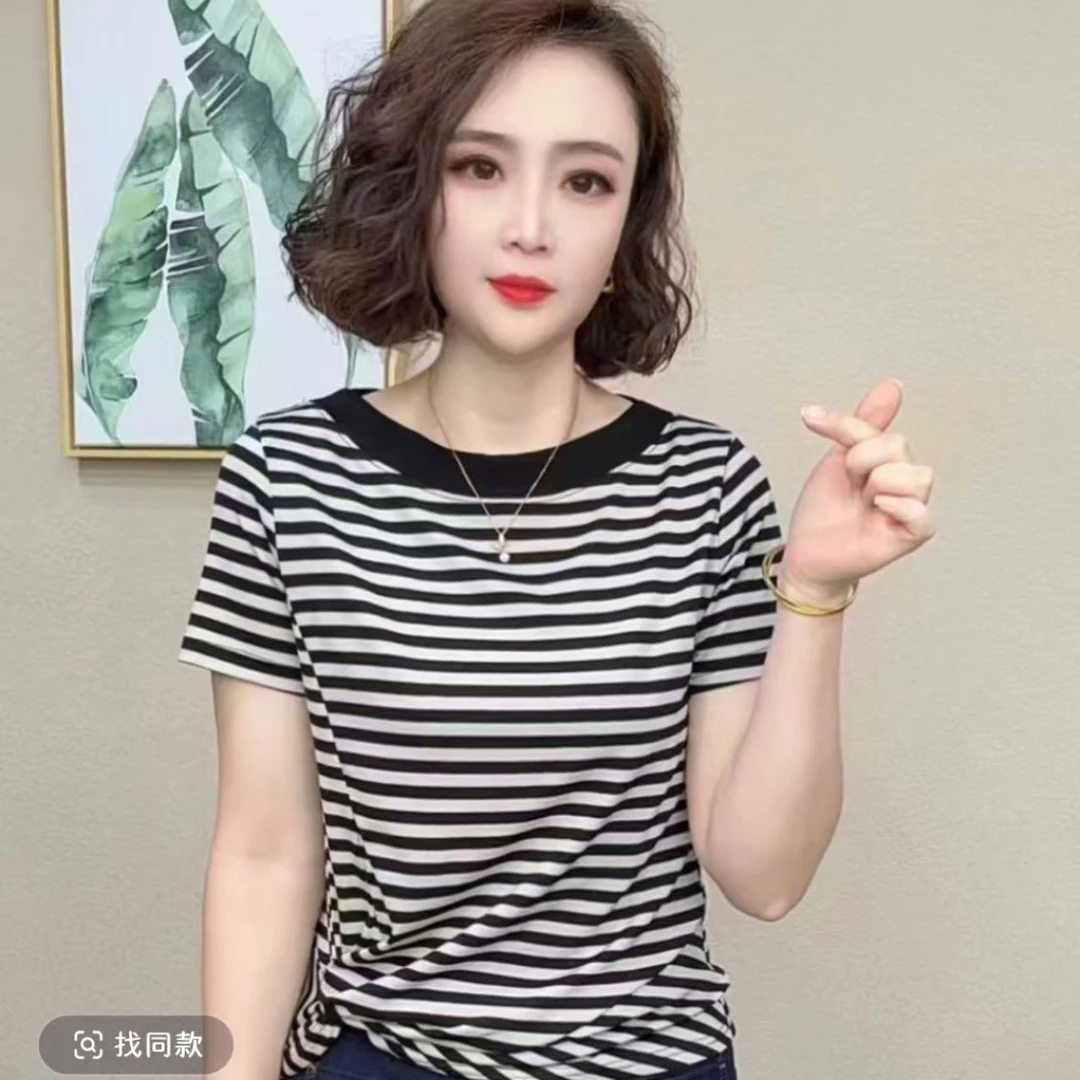 2025洋气百搭圆领减龄显瘦新款时尚短袖气质女T恤上衣条纹宽松