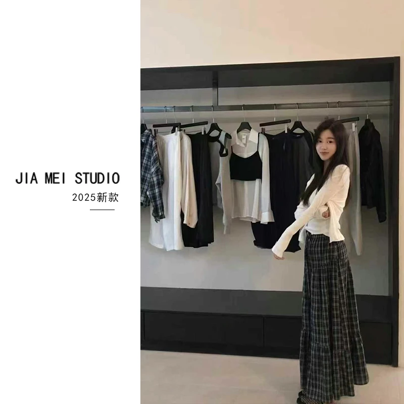 Z099韩系复古格子拼接半身裙女高腰百搭设计感A字长裙蛋糕裙裙子