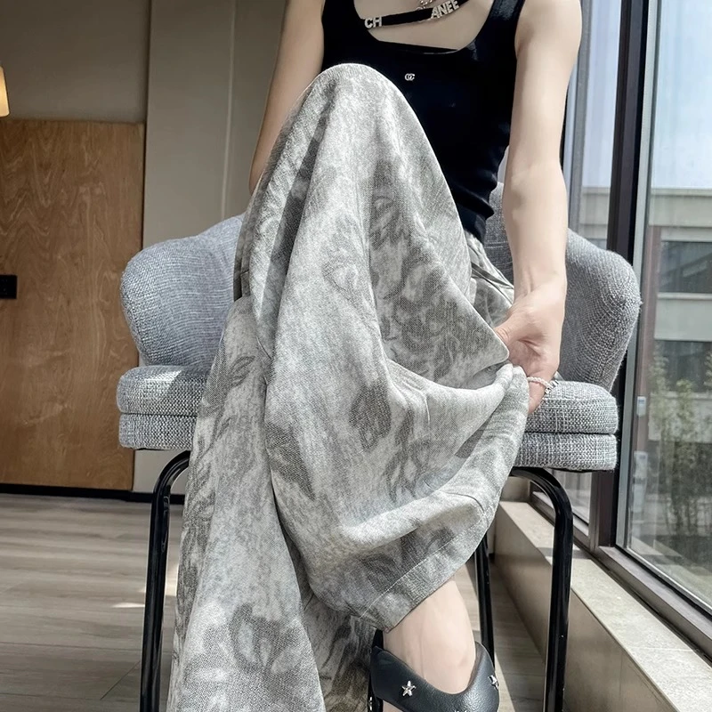 新1复古扎染印花休闲裤女夏季新款显瘦宽松垂坠感百搭直筒阔腿裤