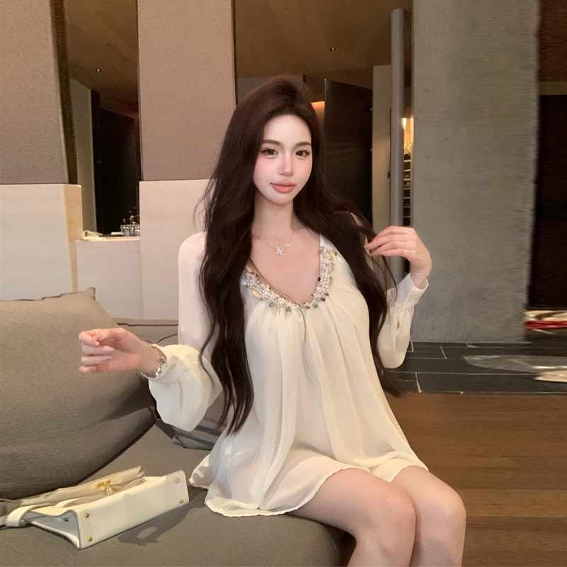 露背雪纺衫法式春夏纯欲上衣抽褶宽松外穿长袖夏季甜美白色衬衣