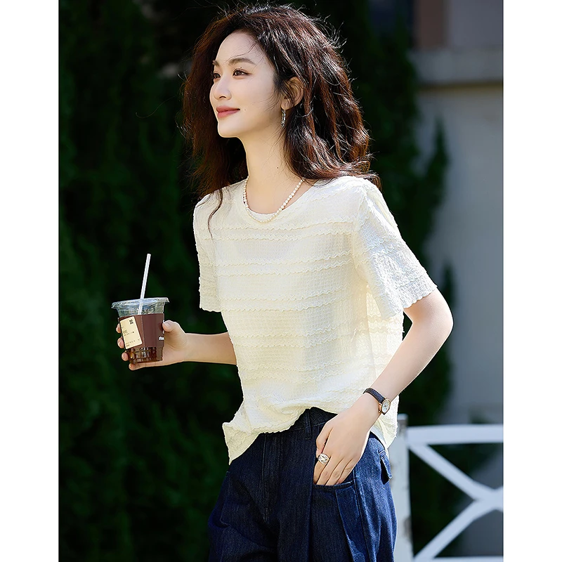 【乐乐服饰专属】德·玛纳气质肌理感立体针织短袖弹力女式t恤时尚