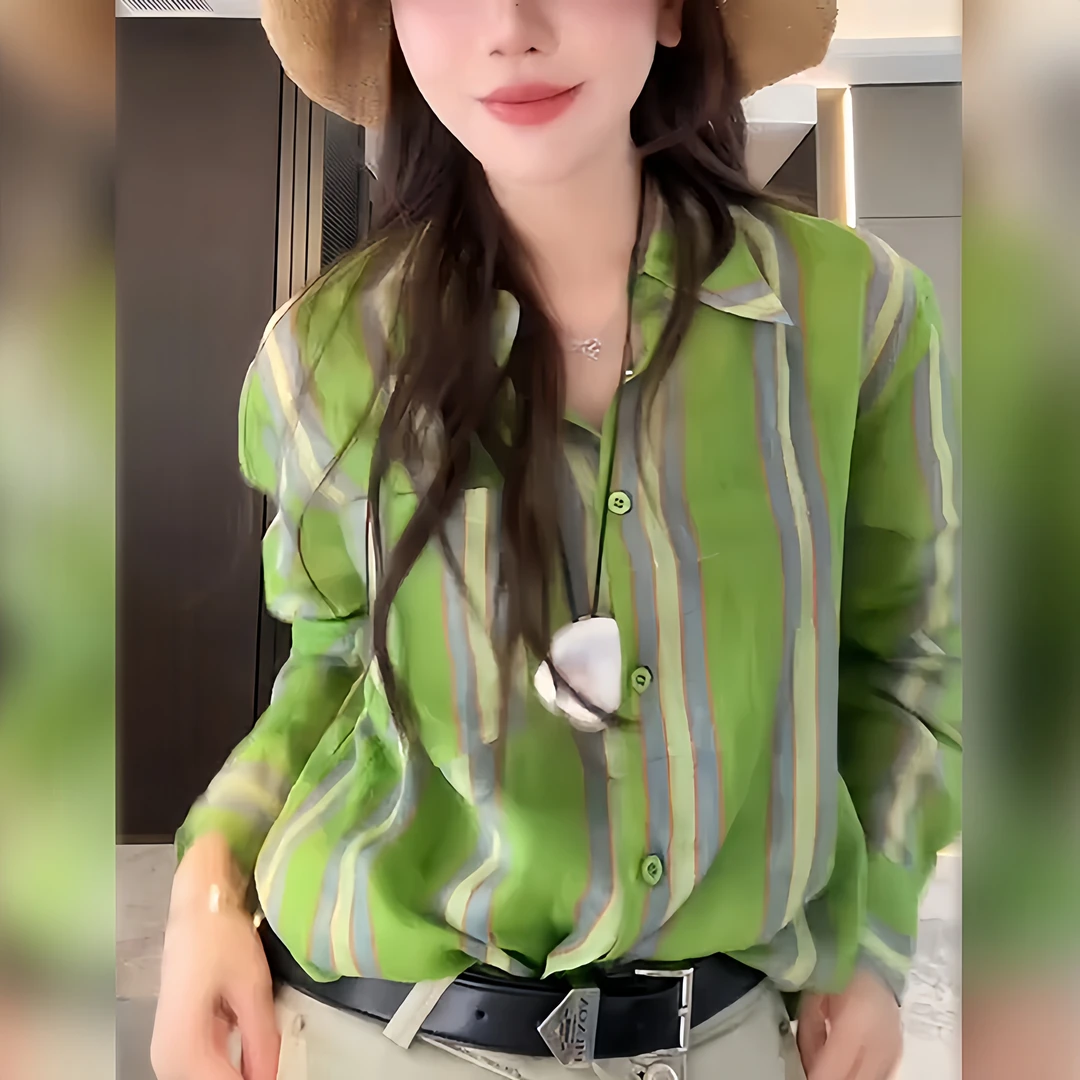 夏秋季新款洋气时尚原宿风条纹衬衫女装设计独特别致开衫长袖上衣