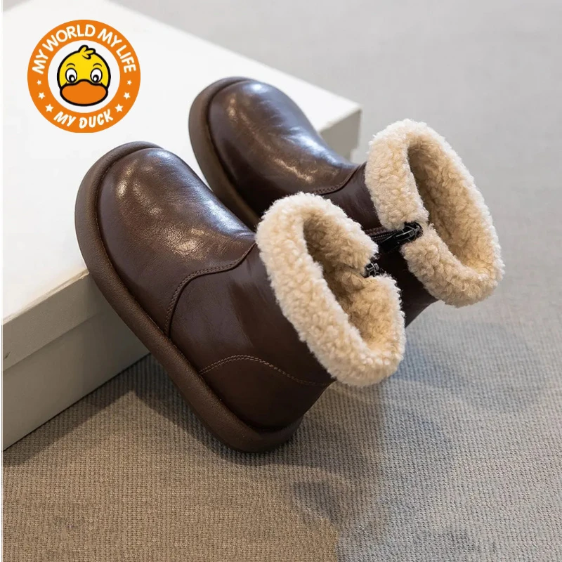 小黄鸭女童鞋子儿童马丁短靴子2025秋冬新款加绒棉鞋冬季 雪地靴