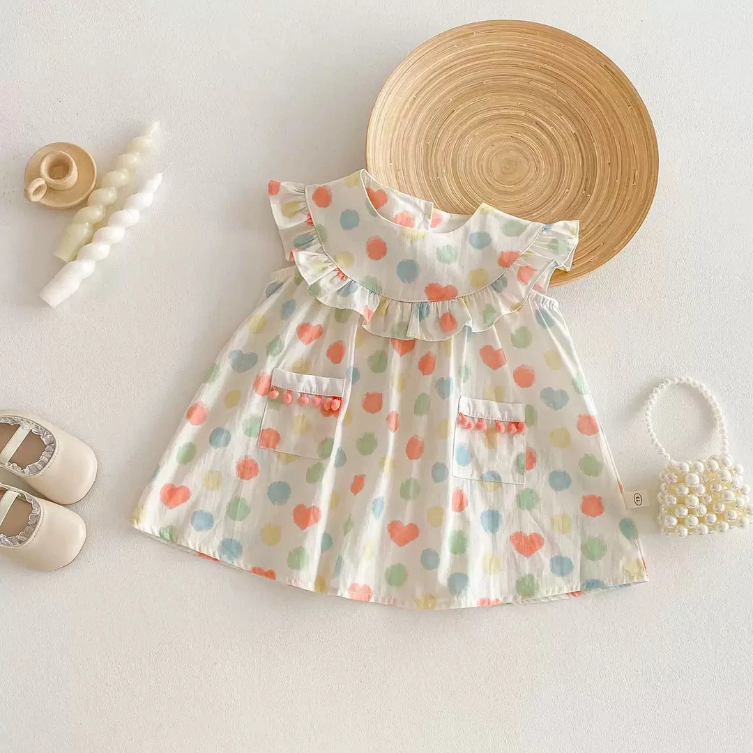 夏季新款童装彩色波点女童连衣裙韩版荷叶甜美娃娃领