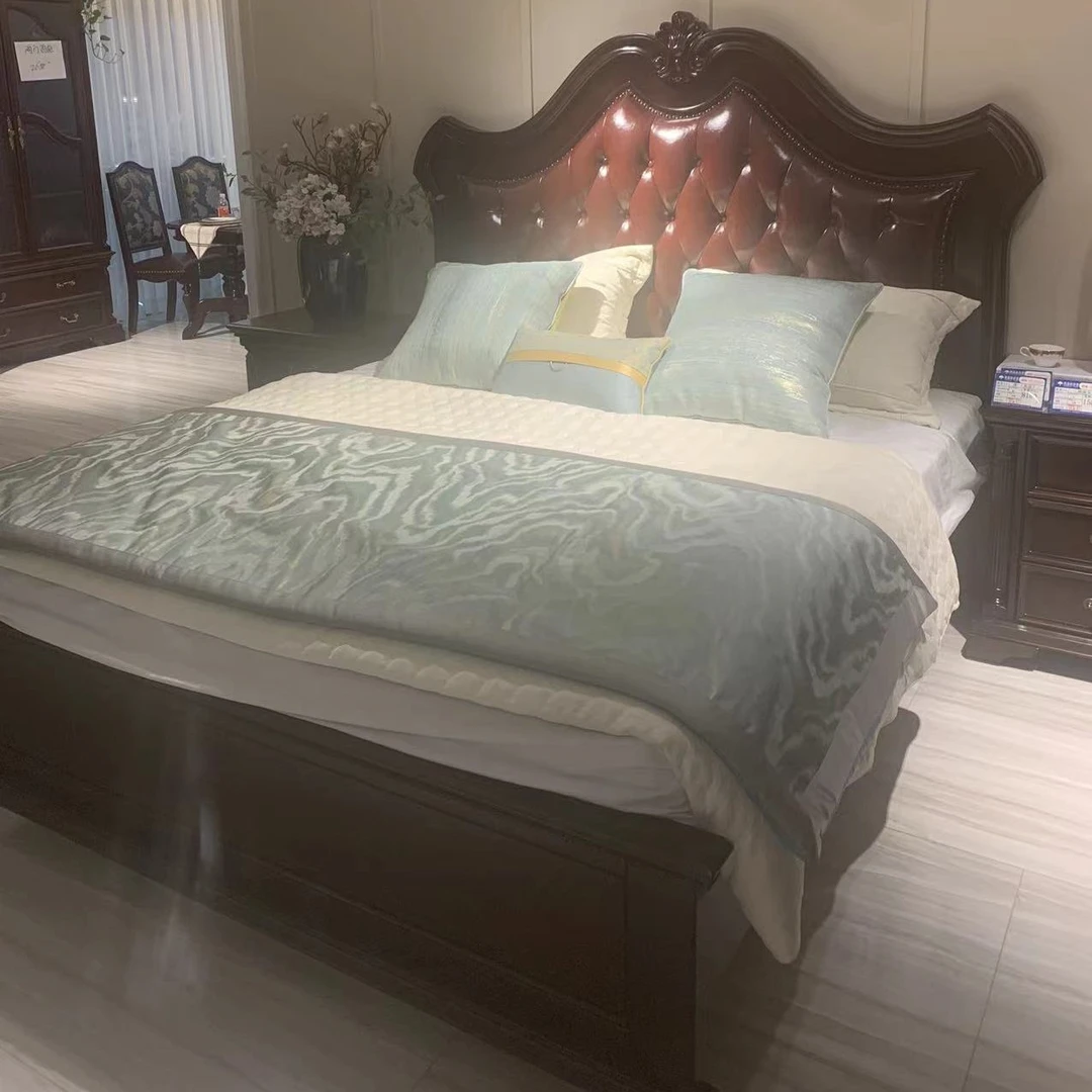 厂家直销专柜同款美式复古风格金丝黄檀木头层真皮家用主卧大床