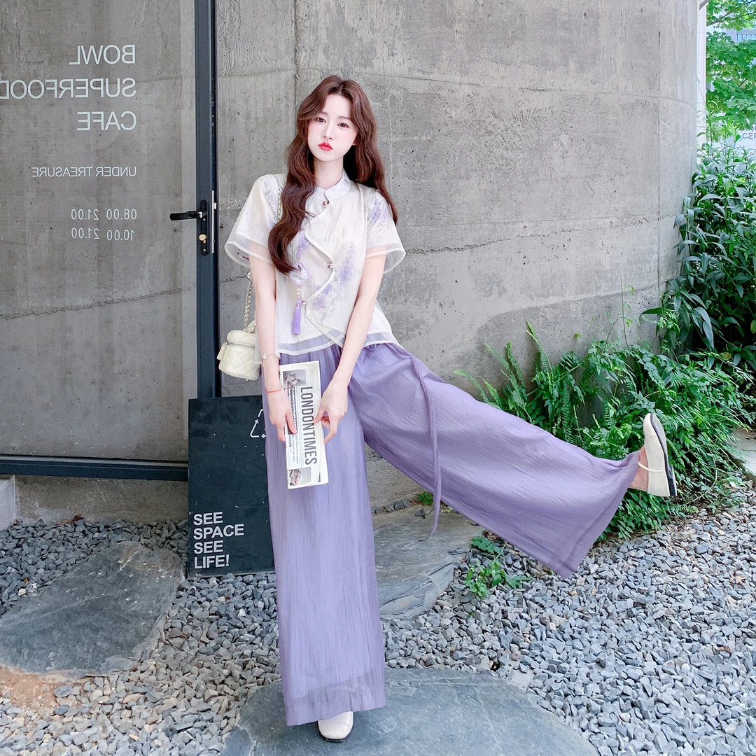 紫色冷淡系新中式穿搭套装女2025夏季中国风印花上衣阔腿裤两件套