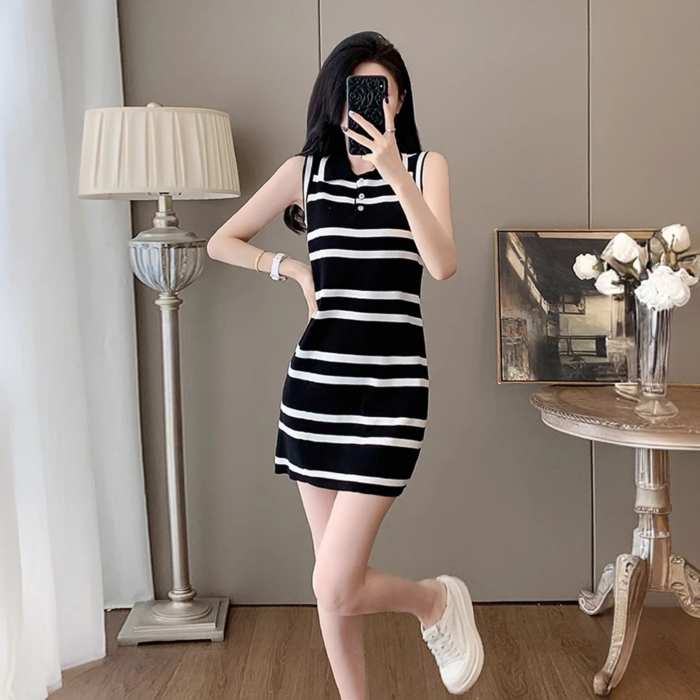 纳霍浦勒小香风条纹无袖针织连衣裙女夏季显高显瘦polo领休闲短裙