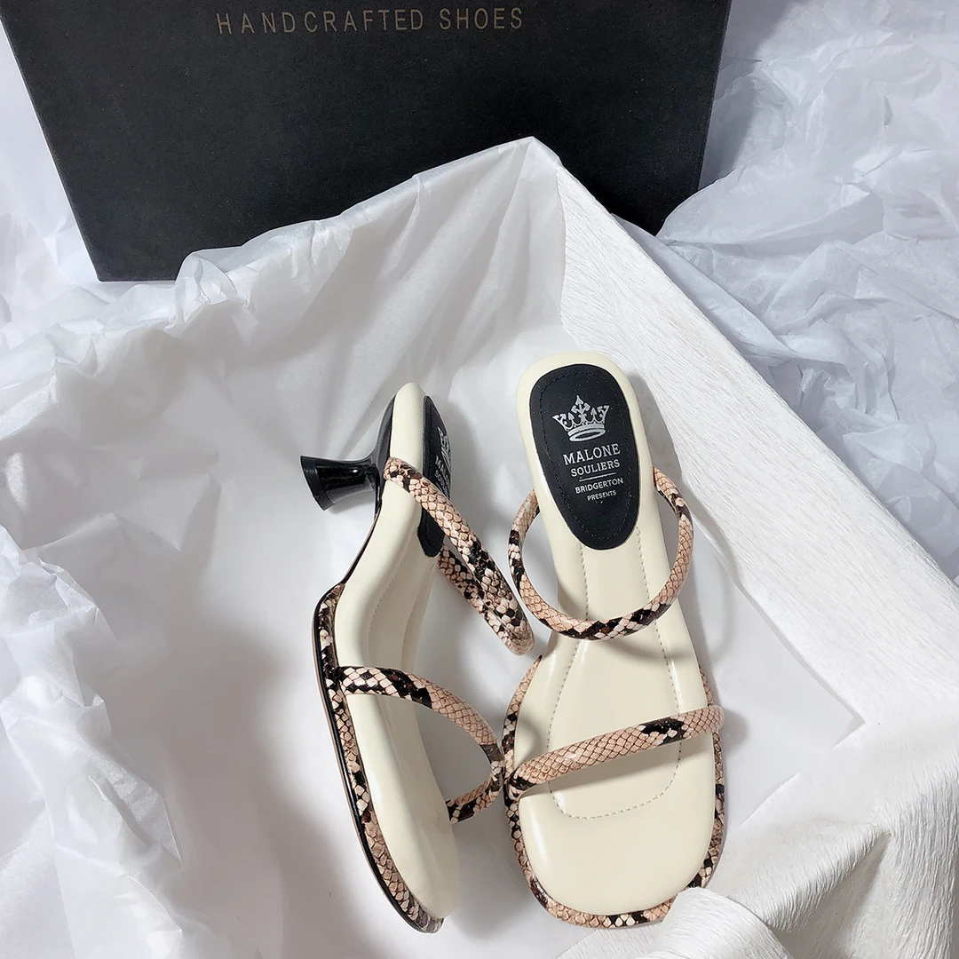 森屿海巷 复古风一字带简约凉鞋露趾圆头细跟增高极简风拖鞋