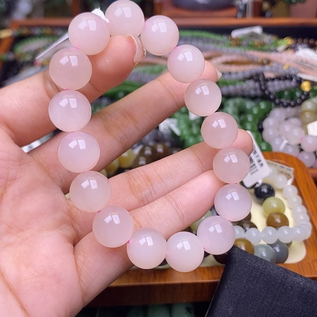 和田玉未镶嵌颈饰藕粉红粉猫眼手串12mm