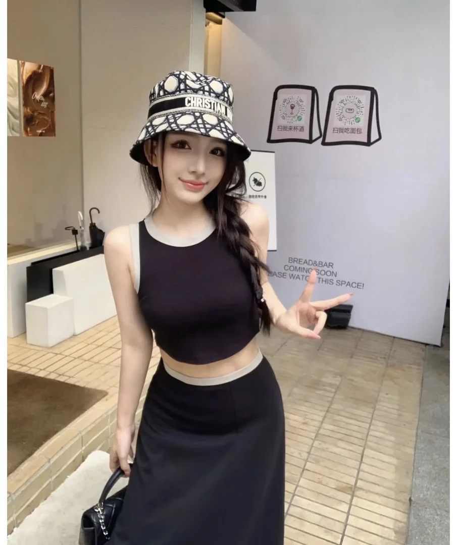 D小姐几何图案盆帽黑色渔夫帽帽子夏季女士短款黑白印花