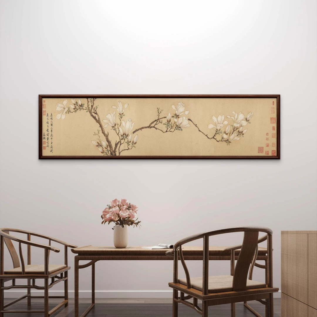 040-40*150玉兰图实木框办公室玄关书房茶室客厅挂画