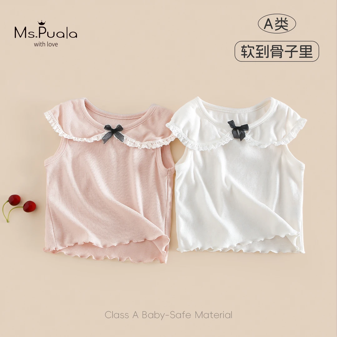 【Ms.Puala小月牙】婴幼儿夏季无袖纯色蝴蝶结女童花边背心宝宝上衣