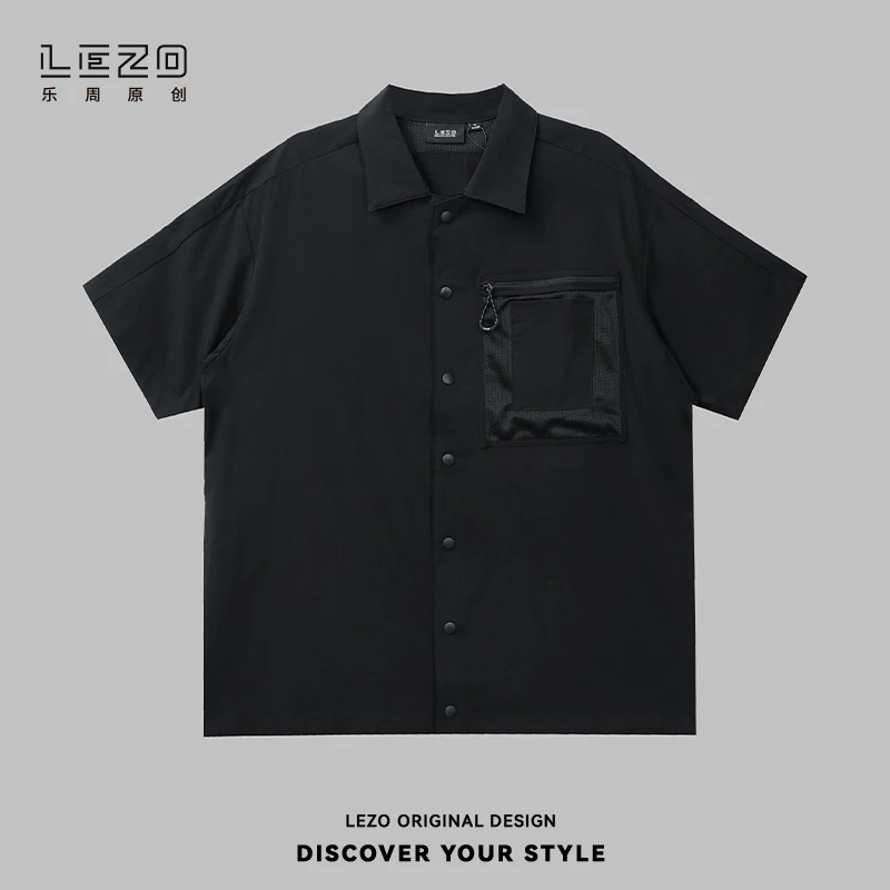 LEZO乐周原创 夏季男宽松口袋设计休闲衬衫基础版 925202201黑色
