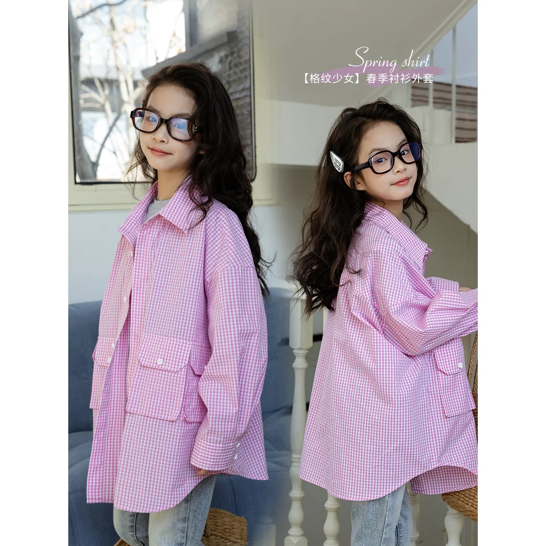 女童衬衫春季薄款2025新款洋气粉白格翻领薄外套上衣E51G309006
