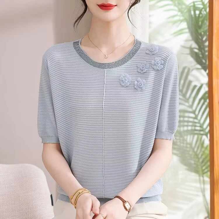 洋气妈妈夏装冰丝小衫中老年夏季新款短袖上衣中年女士T恤 -2