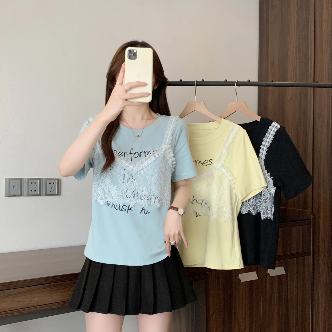2025夏季新款胖mm大码假两件蕾丝拼接正肩短袖T恤设计感上衣64381