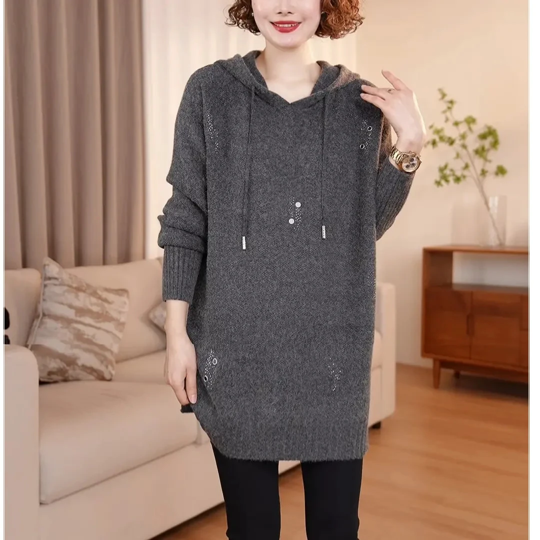 针织中长款毛针织衫冬季通勤长袖不褪色连帽烫钻厚款