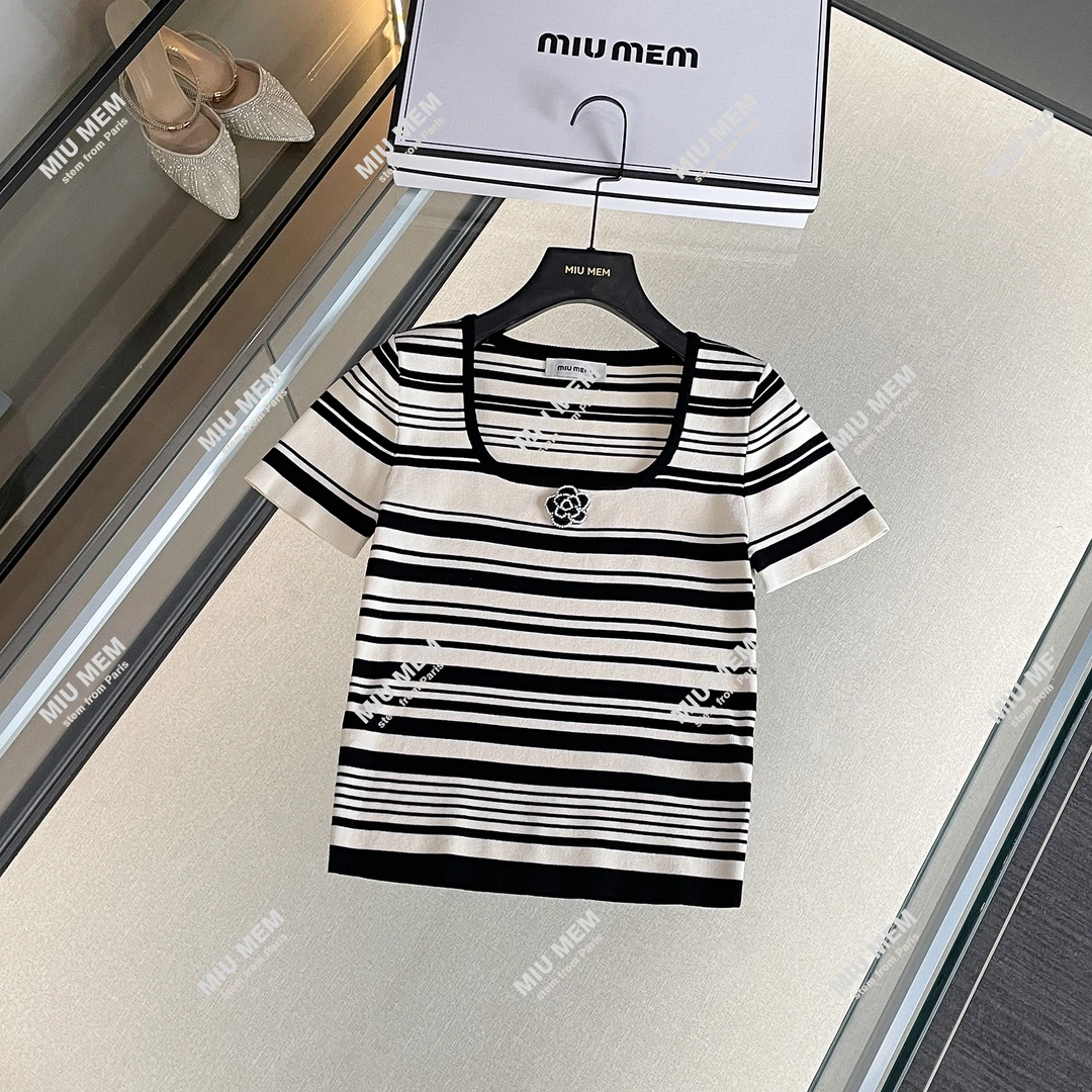 MIUMEM新款时尚条纹方领短袖针织衫小众修身气质T恤上衣DY6889