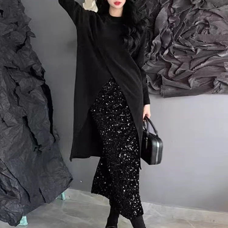 369-2025年秋季新款时尚气质显瘦设计感上衣+金丝绒亮片半身裙