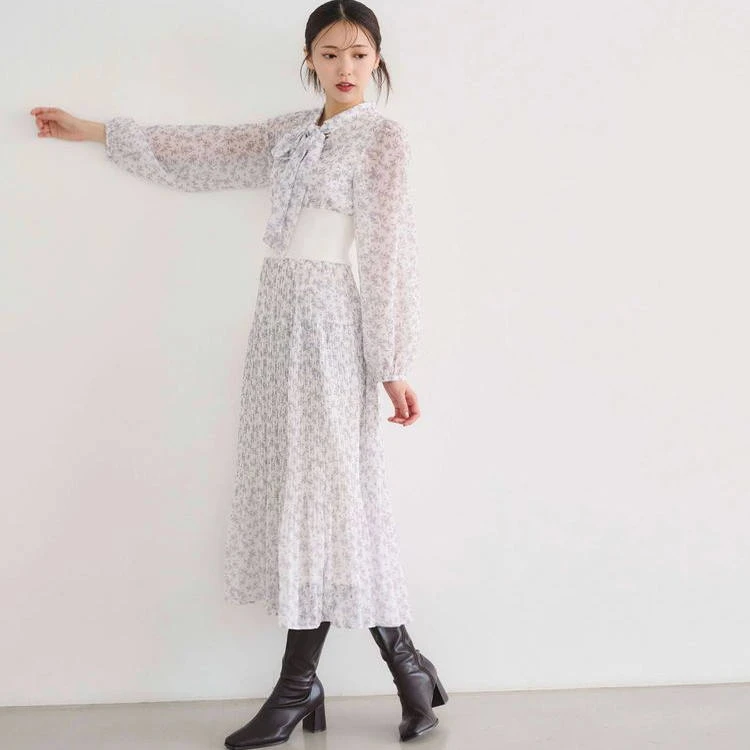 日单贵牌 蝴蝶结 螺纹腰 碎花 百褶连衣裙1D