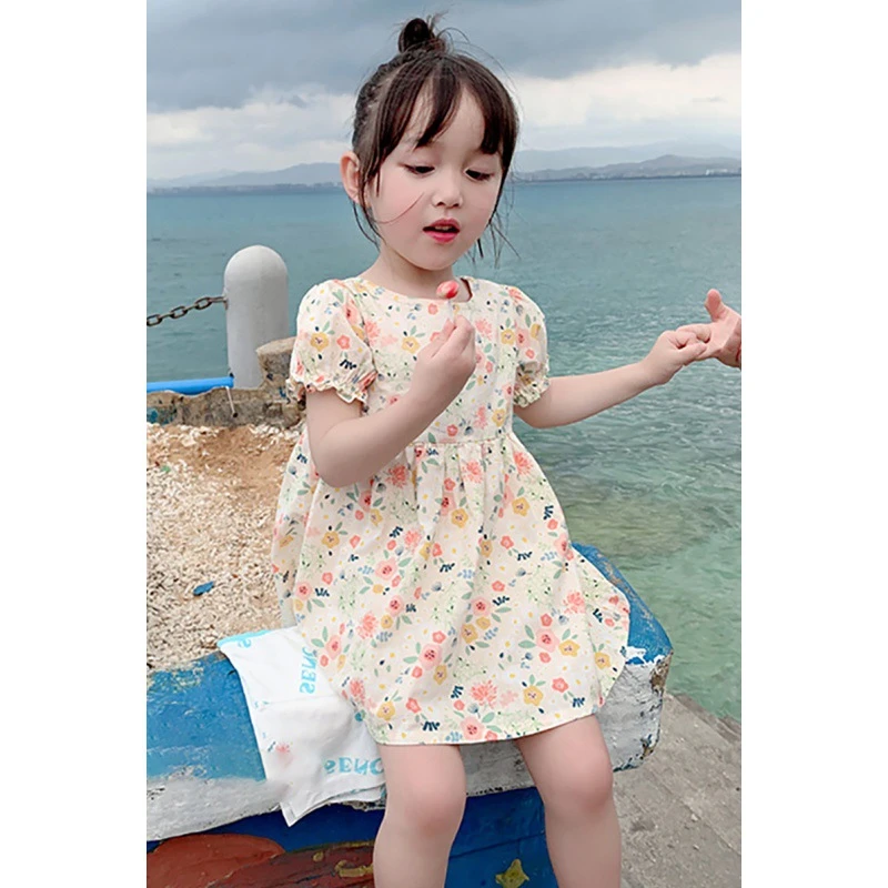 短袖连衣裙女宝宝夏季童装公主裙洋气儿童泡泡袖露背女童