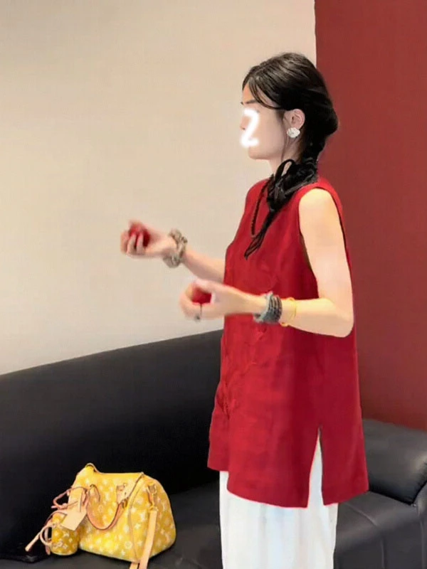 新中式国风圆领简约无袖背心衬衫女装夏季小众设计感宽松显瘦上衣