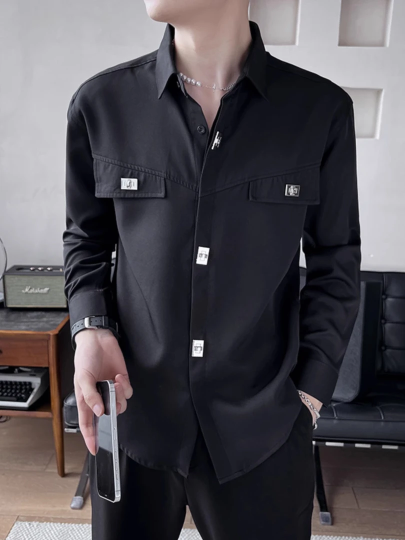 薄款衬衫男士长袖春秋季高级感翻领男夏装潮牌设计感痞帅上衣衬衣
