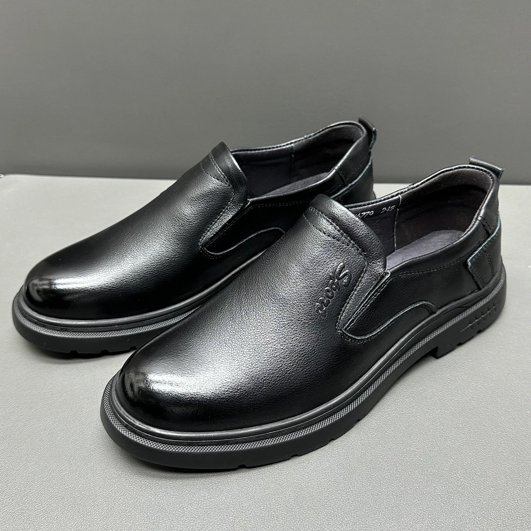 透气低跟厚底一脚蹬头层牛皮真皮休闲皮鞋舒适休闲鞋皮鞋软底黑色