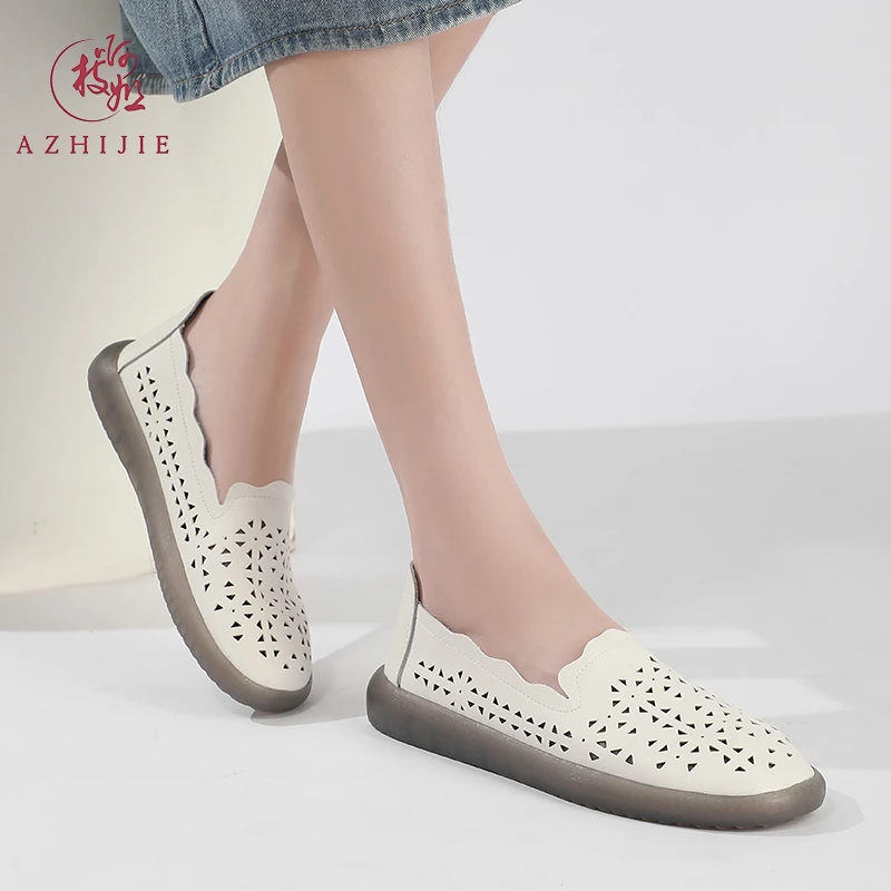 啊枝姐真皮女2025新款夏季一脚蹬软底小白鞋镂空平底休闲鞋6608