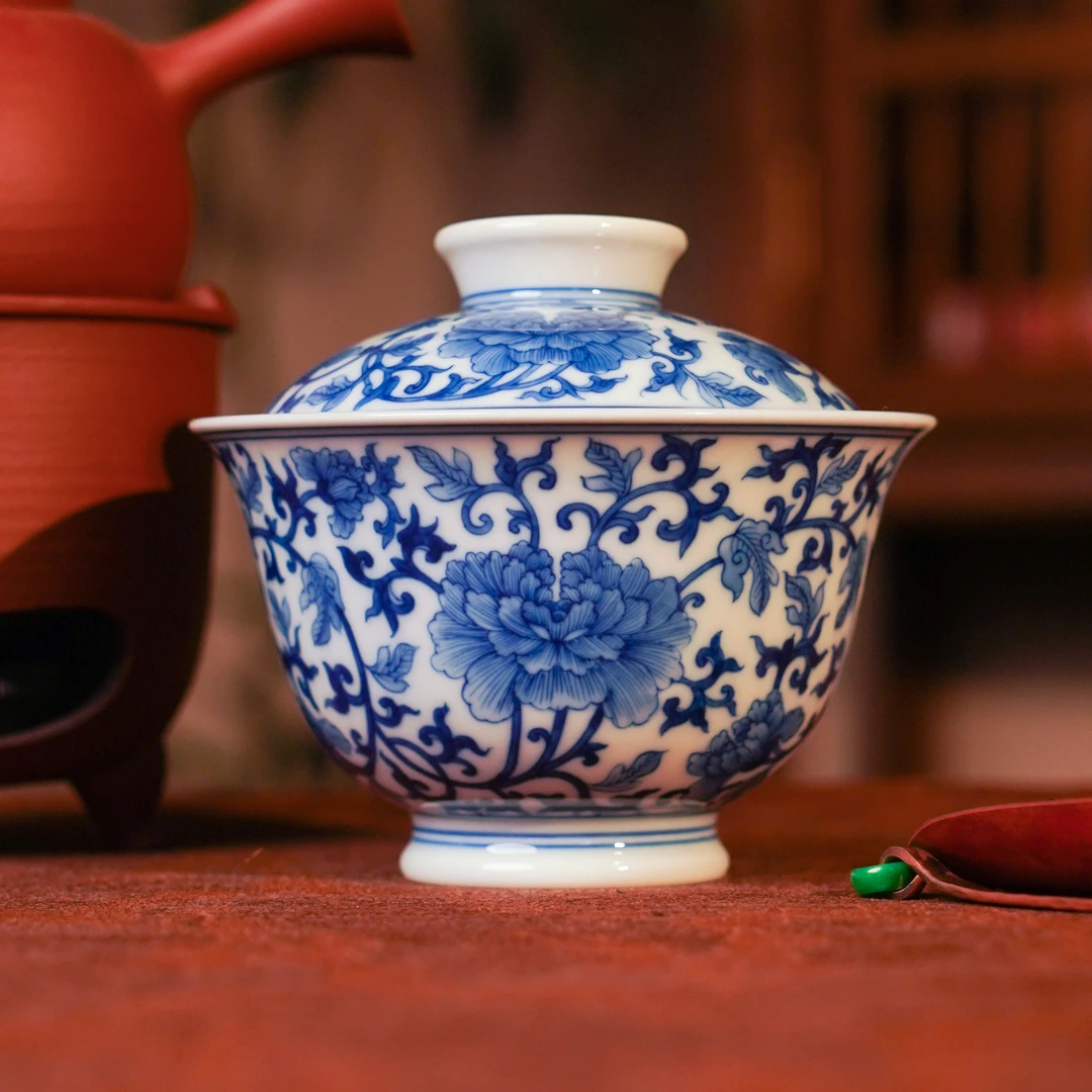 刘建锋窑陶瓷缠枝牡丹盖碗小盖碗茶具中式茶杯喝茶品茗茶具青花瓷