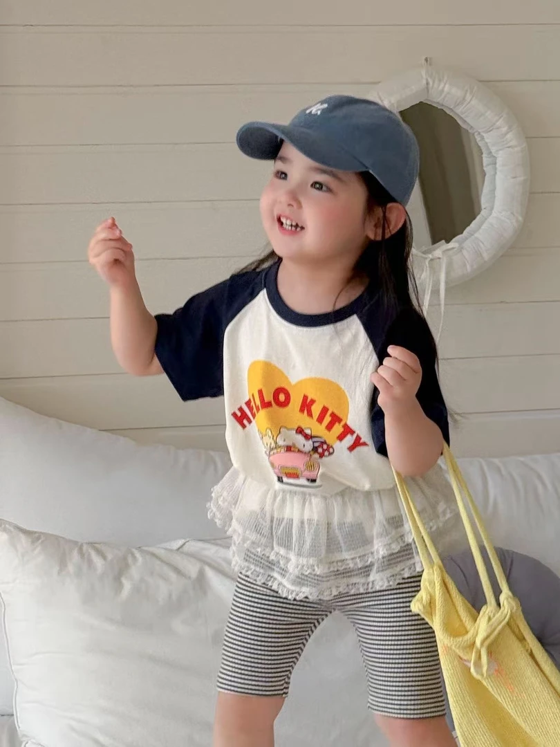 5328拼接T恤条纹短裤两件套